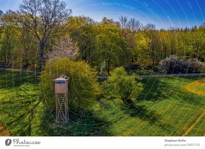 A high stand in the green, aerial panorama from a field with a forest in the background high level Spring Field Nature Exterior shot Colour photo