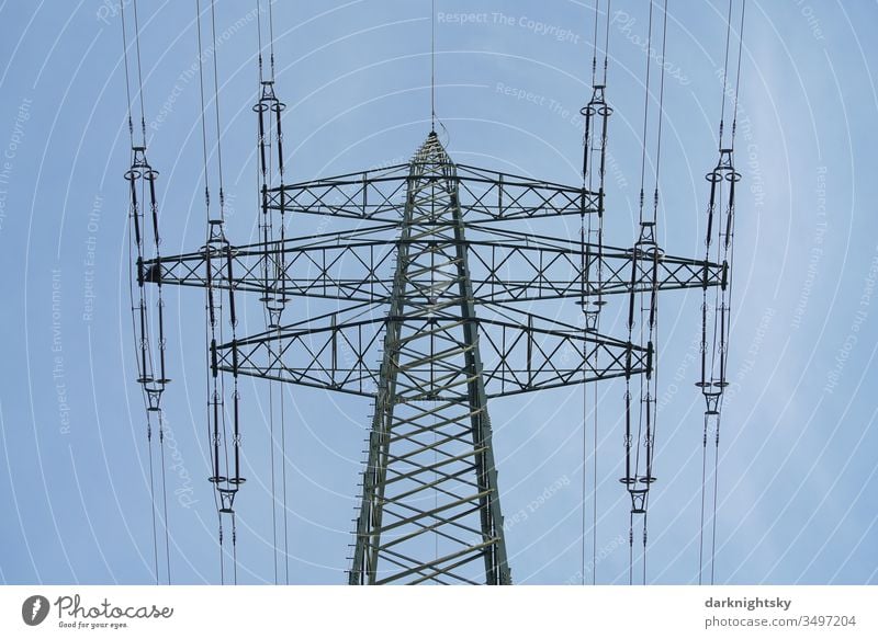 Electricity Transport via mast and overhead line Grating lattice mast half-timbered static high voltage 220kV Electricity pylon energy revolution quiet blue Sky