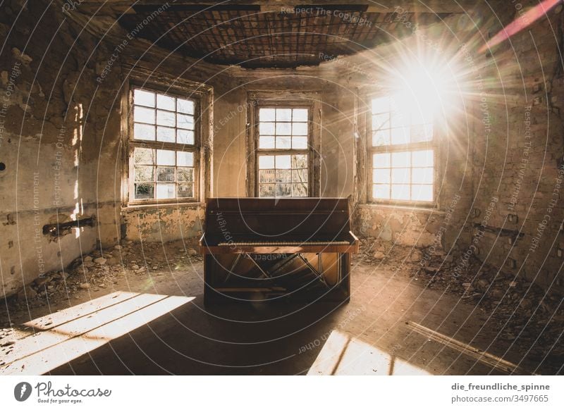 Piano with sun lost places Sunlight Shadow Window Vacancy Symmetry Warm light Contrast Light Decline Day Colour photo Deserted Wall (building) Interior shot