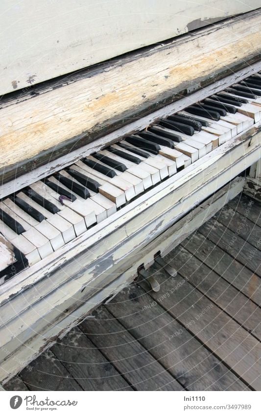 weathered old piano stands on weathered wooden planks Bulk rubbish Decoration nostalgically Wood Weathered Eye-catcher disused black and white fumble Keyboard