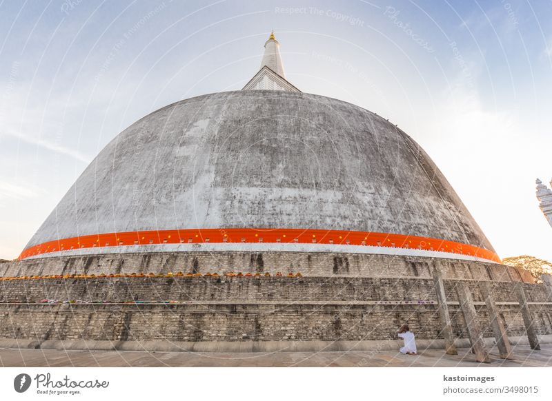 Solitary buddhist praying at Ruwanwelisaya stupa, in Anuradhapura historical park, Sri Lanka. anuradhapura worship white travel traditional temple sky sacred