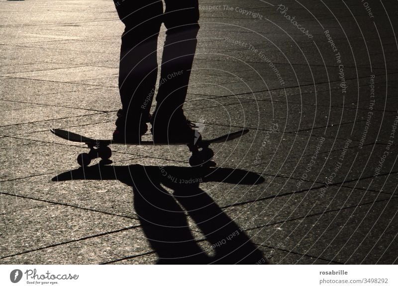 but now quickly | skateboarder with shadow Skateboard Shadow feet Stand Driving Acrobatics active Sports dorsal light Evening Back-light skater Sportsperson