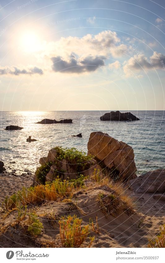 Beautiful Lefkada island color landscape blue outdoor seascape nature beautiful sky scenic panorama background summer ocean horizon stones wave travel