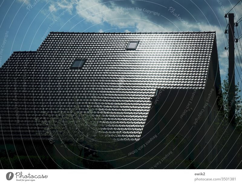 Roof Gloss House (Residential Structure) brick Glittering Contrast Clouds Sky Electricity pylon Cable Skylight Blue Exterior shot Colour photo White Deserted