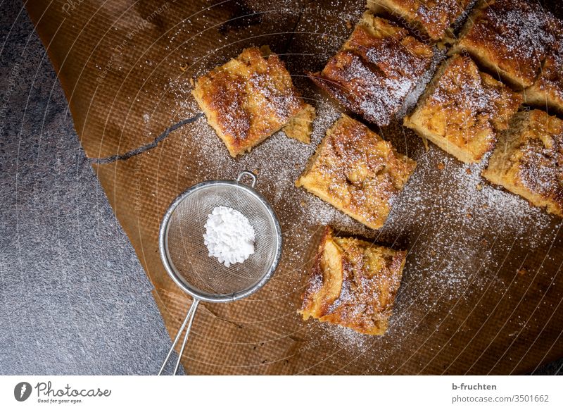 Apple pie on baking paper Cake pieces Sieve Confectioner`s sugar Sugar Sweet Food Delicious Nutrition Dessert Fruit Vegetarian diet Baking Baked goods