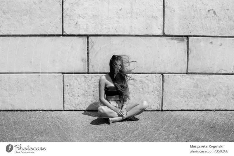 CUTTER SEAT Black & white photo Middle Sit Sit Cross Legged Long-haired Hair and hairstyles Thin Woman Girl Wall (barrier) Stone Concrete Wind Warmth Summer