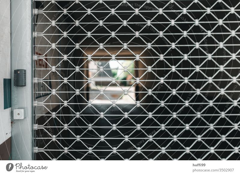 Closed roller grille in front of the entrance Rolling door Highway ramp (entrance) entrance gate Courtyard Backyard backyard workshop Goal Garage door Facade