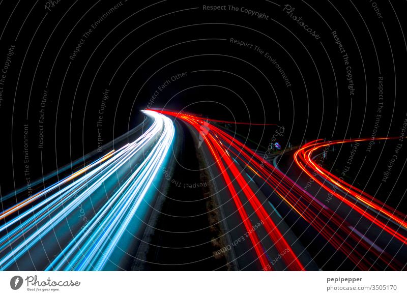 Long time exposure photographed from a bridge onto the highway Night Highway Long exposure Transport Light Car Traffic infrastructure Road traffic Speed