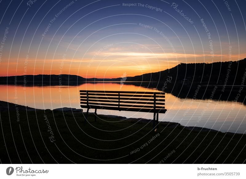 Park bench at the lake at dawn Sunrise Dawn Sky Morning Deserted Calm Dark Lake Water Nature Landscape Exterior shot Lakeside Idyll Environment