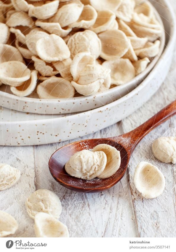 Fresh raw  italian pasta orecchiette apulia fresh dry traditional ingredient close up copy space spoon pastel cream plate diet flour handmade homemade