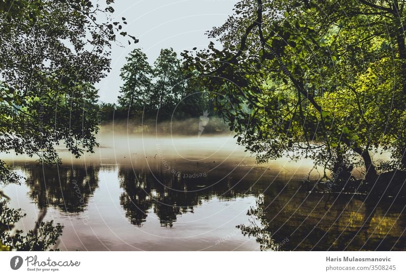 Morning smoke on the water scenic landscape lake with trees autumn background beautiful beauty blue creepy environment fall forest green moody morning movie