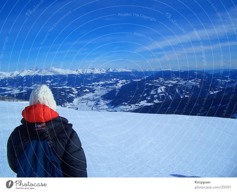 Person in front of mountain panorama Panorama (View) Red Mountain Landscape Snow Sky Blue Large