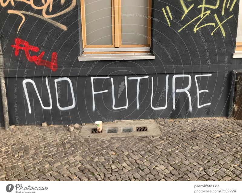 Graffiti on a house wall: Punk quote: "No Future". Seen in Berlin. Photo: Alexander Hauk no future Art manner Germany White Gray Black Cobblestones daylight