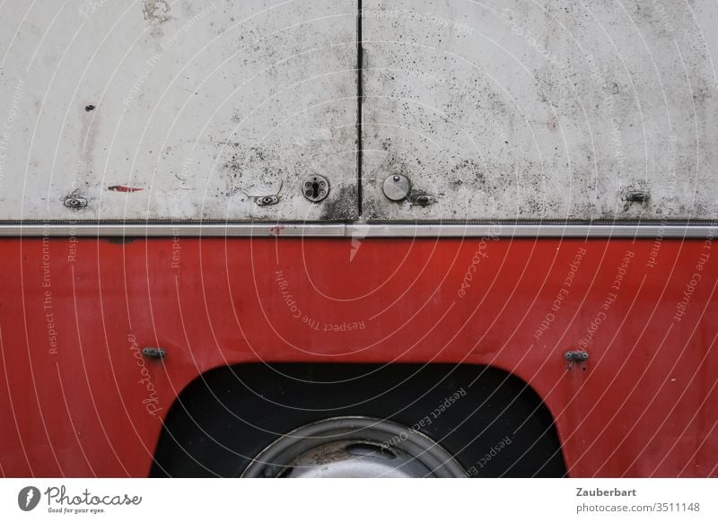 Wheelhouse and side wall of an old market car wheel box Red White Wall (building) Metal Tire weigh Caravan Market cars Lock interstices Old frowzy Abstract