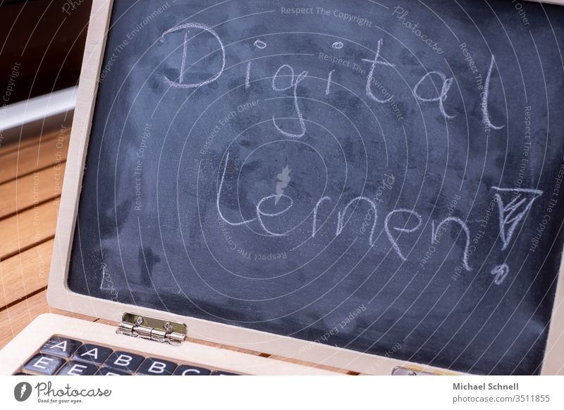 Board with letters in the shape of a notebook, inscription: Digital learning! Computer Technology Internet Infancy Education Notebook Toys Study Media