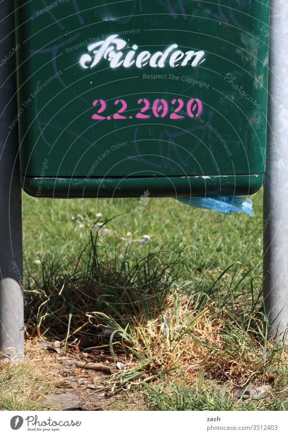 Garbage can with a grafitti peace Letters (alphabet) Sign Wall (barrier) Copy Space bottom lettering Graffiti Characters Copy Space top built Subdued colour