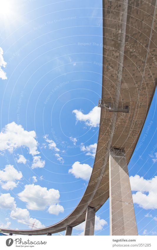 köhlbrand bridge Hamburg Kohlbrand bridge Bridge Worm's-eye view Street Town Card Column Bridge pier Clouds Cumulus Blue sky Bypass City life Arch