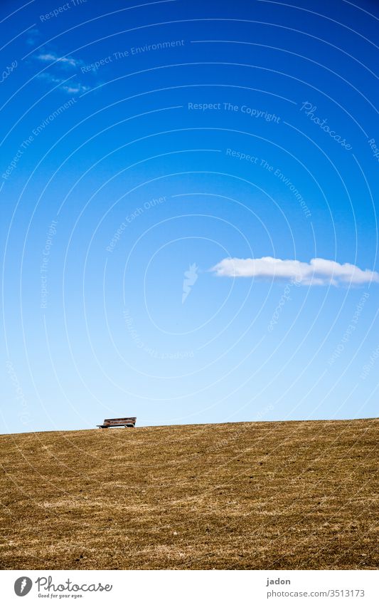 protruding bench in the grass under blue sky and white clouds. Bench Exterior shot Deserted Colour photo Day green Loneliness Nature Landscape Grass Environment