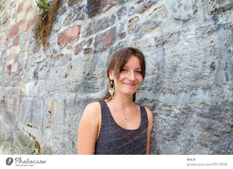 By the city wall... teenager Youth (Young adults) smile Joy luck Lifestyle already Wall (barrier) girl Human being Laughter City wall Vacation & Travel