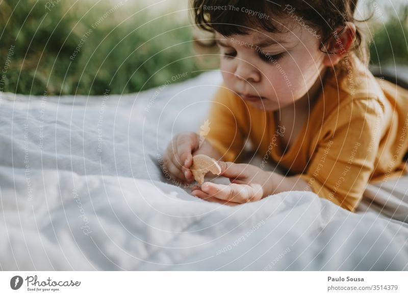 Little girl eating cookie lying on the grass Child Portrait photograph Cookie Eating Joy Grass Nature Natural Lifestyle Caucasian Happy Infancy Happiness Love