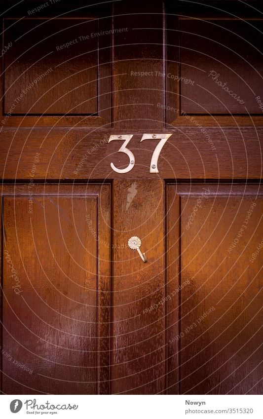 House number 37 on a dark wooden front door with crooked hook 37 number address black britain classic classy close up closeup decoration design detail digit