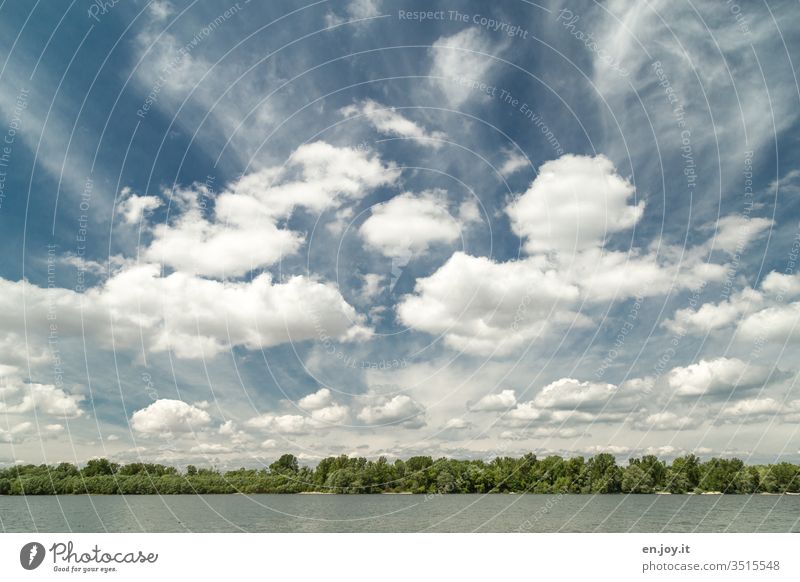 Lake shore with forest under sky with clouds Sky Clouds bank Sheep Clouds Wide angle Beautiful weather Landscape Nature vacation Relaxation Summer Water