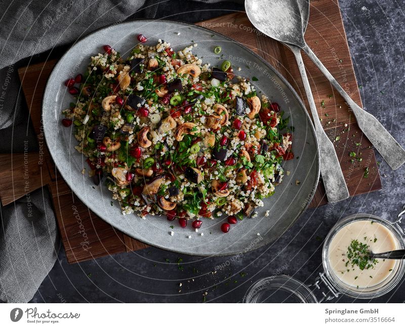 Bulgur salad with aubergine and pomegranate Lettuce Fresh fresh food foodie Pomegranate salubriously vegan veggie BBQ boil healthy cuisine Vegetarian diet Food