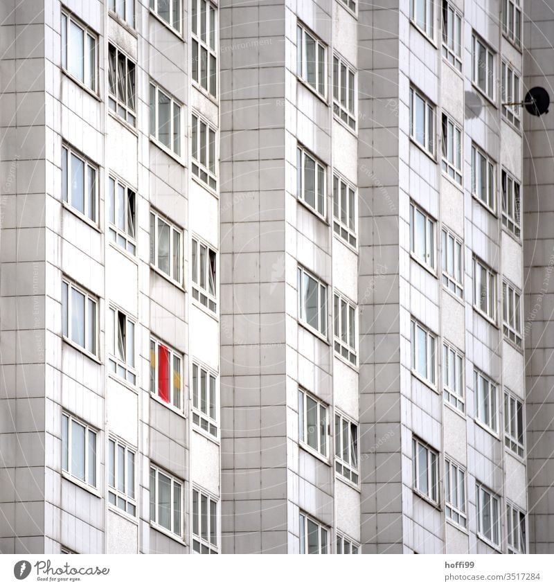 derelict outer facade of a residential building House (Residential Structure) Balcony Flag Threat Contrast Cliche Dry Hideous Fear of the future Stress Dirty