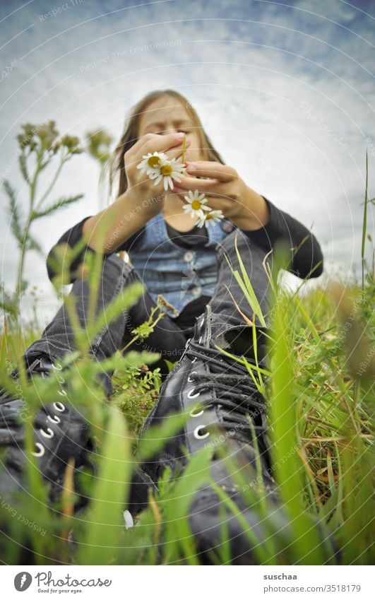 girl sits in flower meadow and makes a chain of flowers Child Infancy Meadow Flower meadow Grass marguerites Perspective Footwear lace-up shoes Summer Nature