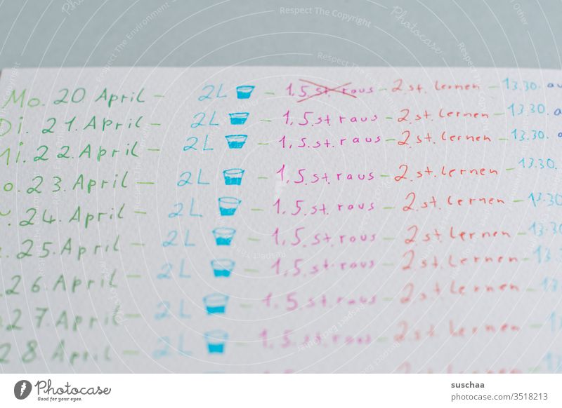 self-imposed schedule in the home office Schedule Schedule (transport) Daily structure Homeschooling lockdown writing Text Paper Piece of paper Daily schedule