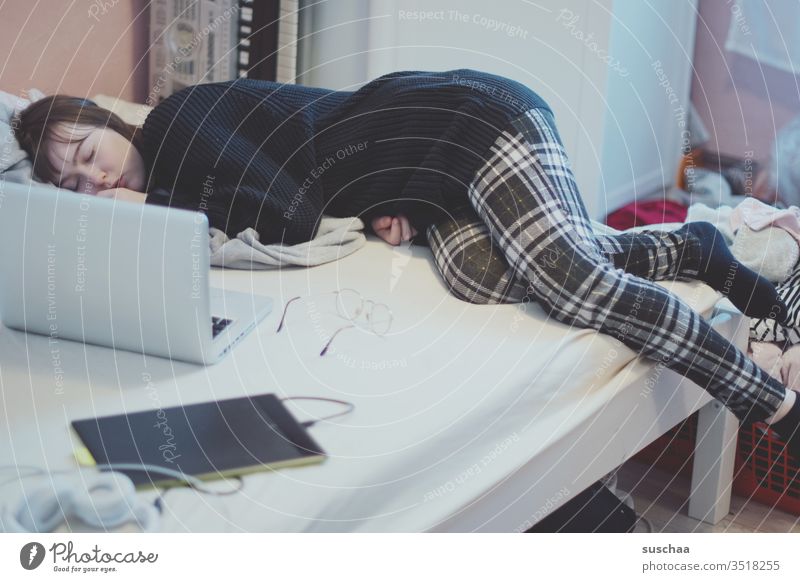 still at the home office? Bed Bedroom Sheet Mattress Lie Sleep teen bedroom disorder tired work housework sluggish Break laptop Fatigue Dream Study Homework