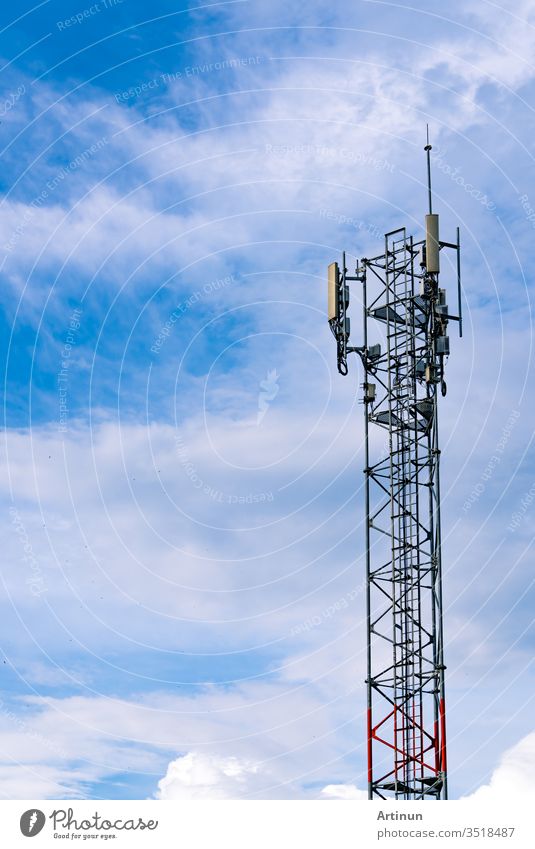 Telecommunication tower with clear blue sky background. Antenna on blue sky. Radio and satellite pole. Communication technology. Telecommunication industry. Mobile or telecom 4g network. Technology