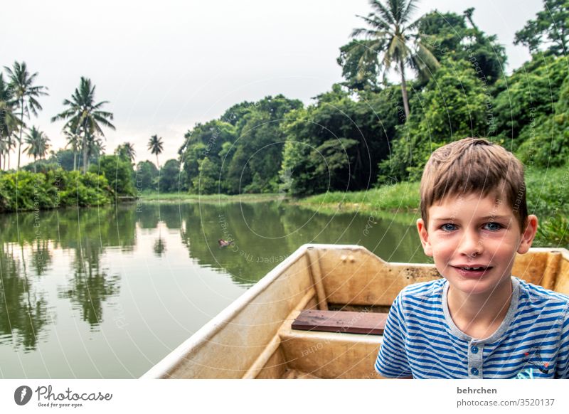 explorers Landscape Wilderness Exotic Nature Gorgeous beautifully Impressive Child Discover Rowboat River plants Research Boy (child) Son Borneo Malaya