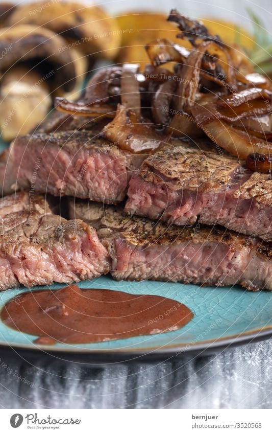 juicy grilled steak on the plate Steak Juicy potato Mushroom Rosemary Restaurant porterhouse steak sirloin roasted Meat tenderloin Eating ingredient Frying