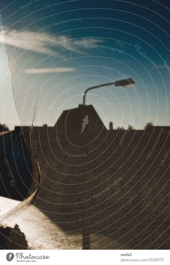 Network error Window Fly screen Gauze Reticular Village Silhouette roofs Light pole Street lighting hazy Shallow depth of field Contrast Deserted Colour photo