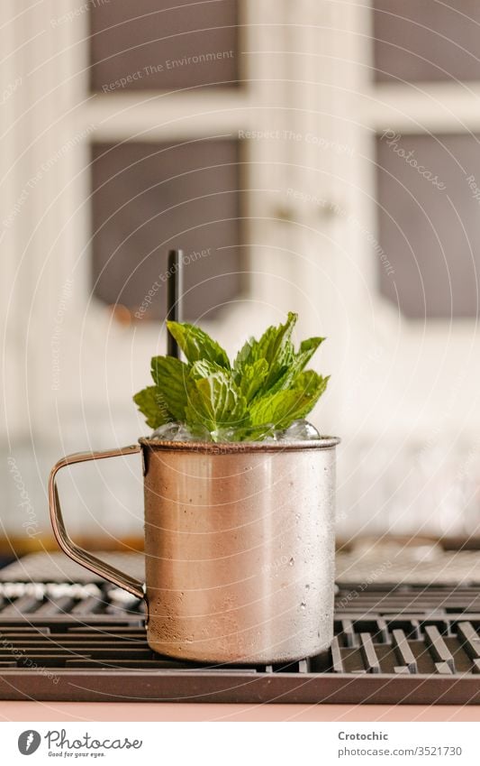 Vertical photo of a metal cup full of mint and ice vertical bar restaurant elegant metallic handle container straw window plastic detail frost iced icy cold