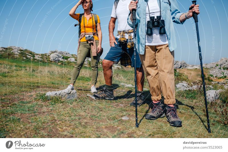 Three people practicing trekking outdoors hikers woman group countryside landscape nature trekking sticks journey summer recreation nordic walking hiking