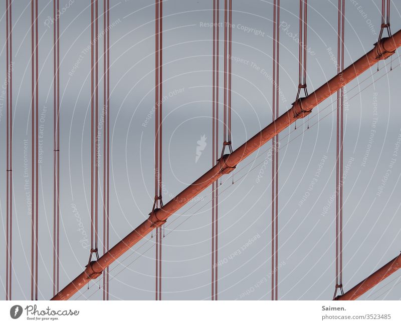 Golden Gate Golden Gate Bridge bridge symbol Landmark Decompose Lines and shapes Steel Steel cables Construction USA California San Francisco Architecture