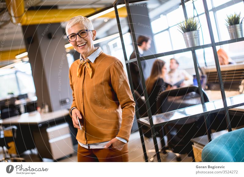 Senior businesswoman standing in office businessperson career caucasian chief executive corporate elegant employee entrepreneur eyewear glasses indoor job