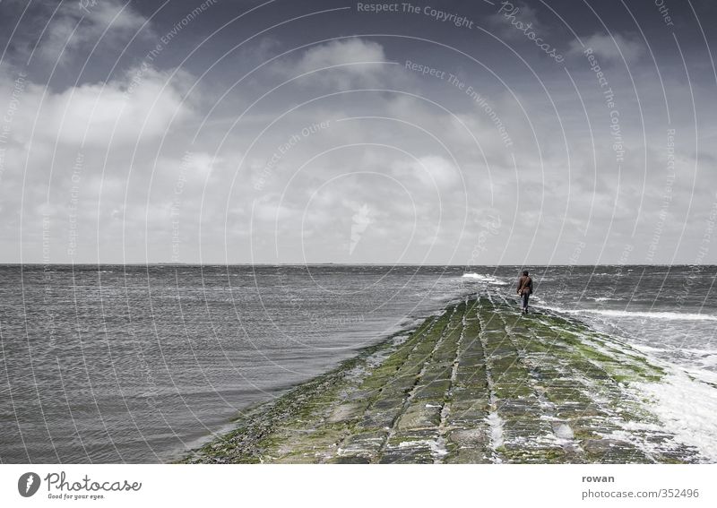 out to sea Human being Young woman Youth (Young adults) 1 Sky Clouds Waves Coast North Sea Ocean Threat Dark Cold Wet Gloomy Sadness Fatigue Disappointment