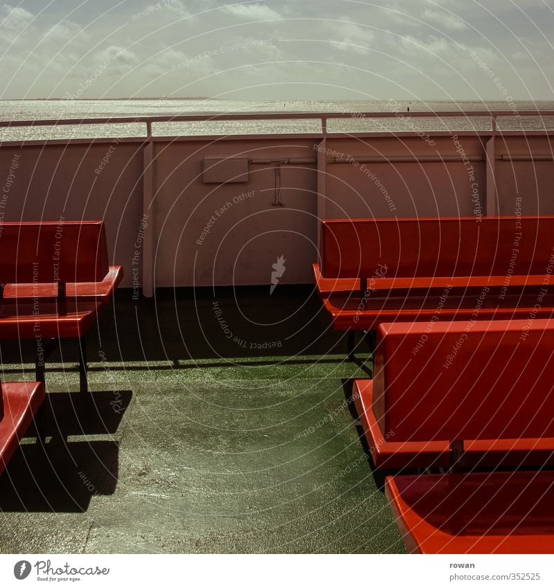 ferry Navigation Inland navigation Cruise Boating trip Passenger ship Ferry Green Bench Red Ocean Empty Horizon Vacation & Travel Sun Warmth Handrail