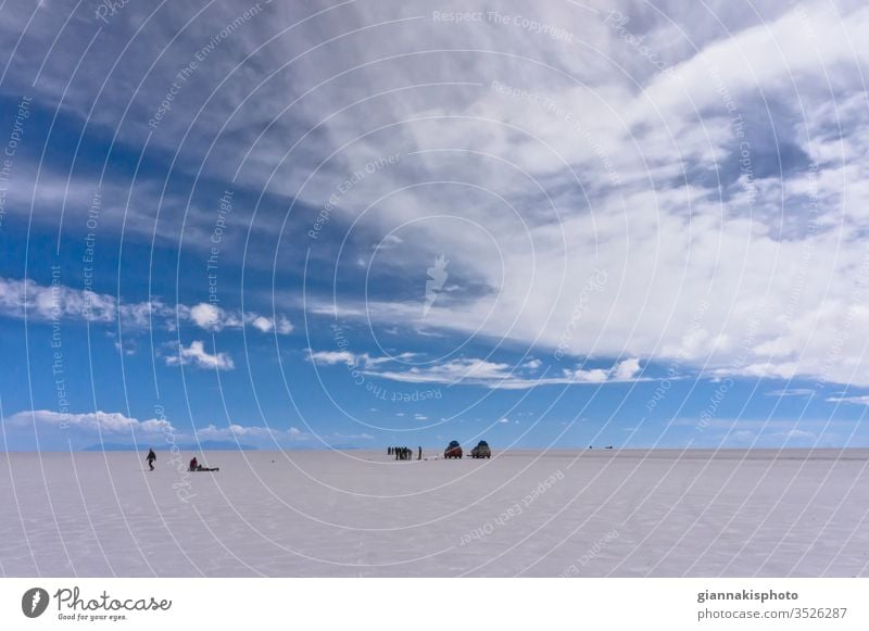 Salar de Uyuni, Bolivia, South America, group of tourists with trucks Exterior shot Sky Colour photo Landscape Desert Vacation & Travel Far-off places Adventure