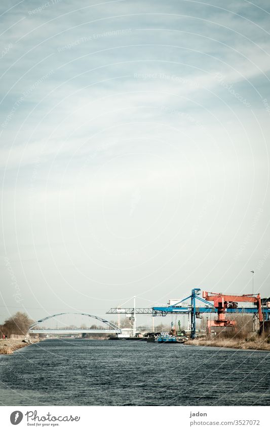 cityhafen. Channel ships Harbour Unload Water Sky Germany bridge Architecture Industry Light Clouds Steel Exterior shot