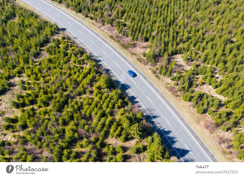 a blue street car from above in an spring forest street from above street with a car car driving agricultural agricultural way rural path air aerial view grass