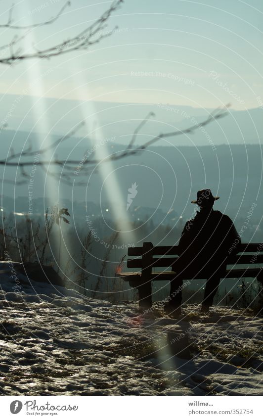 Hiker rests on a bench and looks at the landscape hikers Mountain Trip Far-off places Freedom Man Landscape Erz Mountains Relaxation To enjoy Looking Sit Calm