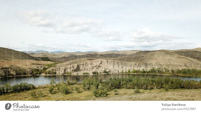 Beautiful landscape of Russian nature . The aerial view of the mountains and the rocks, the river Yenisei in Siberia, Tyva (Tuva). russian river