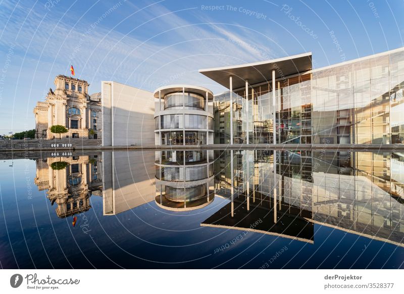 Government district in symmetry Spreebogen Pattern Downtown Berlin Tourism built Hip & trendy Copy Space right Copy Space bottom Reflection Light Day