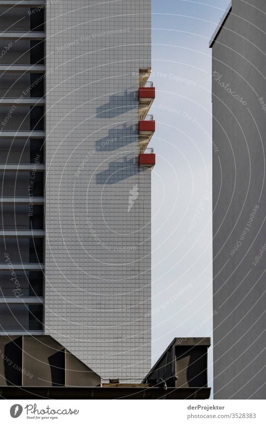 Three balconies cast shadows in Berlin Gloomy Copy Space bottom Copy Space left Multicoloured real estate house purchase Real estate market Vacation & Travel