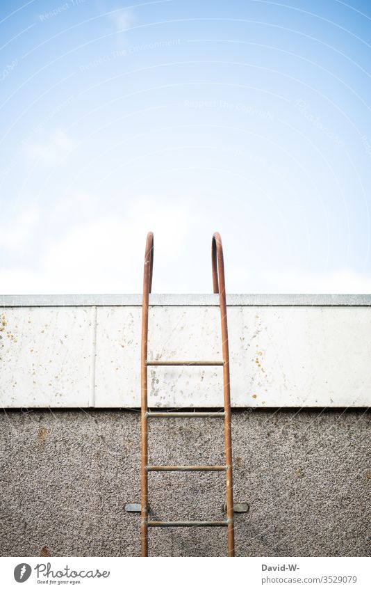 upwards - ladder up to the roof Ladder Roof Tall Upward upstairs Brave Test of courage Dangerous ladder to heaven Above on top Sky roasted Climbing To board off