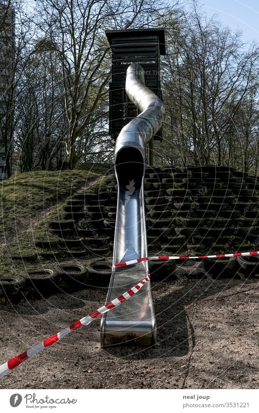 playground, swing, barrier tape Shadow Swing Playground Exterior shot Barred cordoned off forbidden corona crisis insulation Deserted Crisis depression